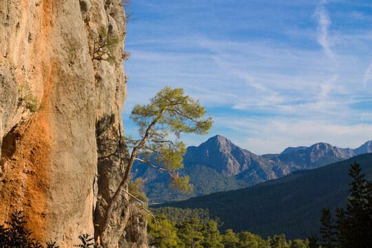 Rock climbing crag area Spectacular Cave in Geyikbayiri, Turkey. Rock climbing spot near Antalya. Geyikbayiri rockclimbing area crag in Turkey. Tuffa rock walls and caves spectacular view landscape