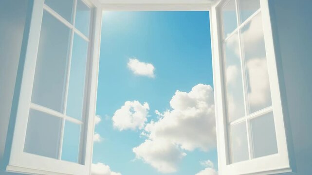 Open window with white frame showing bright blue sky and fluffy white clouds, natural light and fresh air creating peaceful, airy atmosphere and clear daylight view