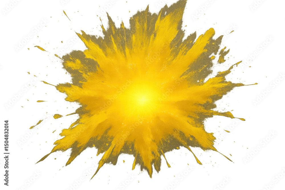 Poster bright yellow powder exploding, creating a vibrant cloud against a transparent background, ideal for