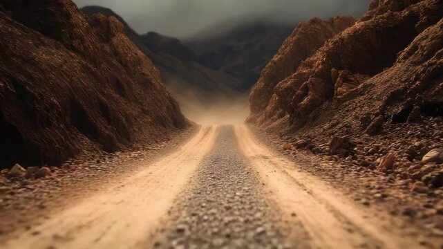 Dusty gravel dirt road winds through rocky rugged mountain landscape under cloudy sky, creating dramatic moody atmosphere in dry desert terrain with isolated remote gravel road