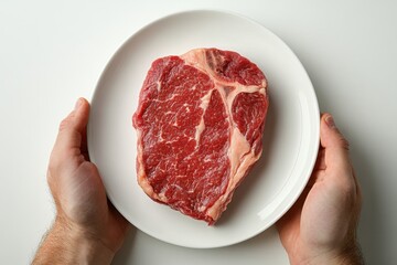 Gourmet Meat Steak on White Plate: Hand Holding Delicious Ribeye, Fine Dining Meal.