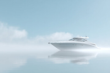 Naklejka premium aesthetic scene featuring sleek motorboat gliding across serene water surface surrounded by soft reflections and