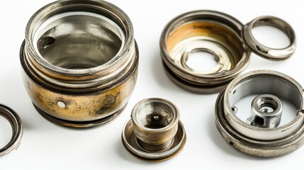 Detailed close up of disassembled metal components with various textures and finishes