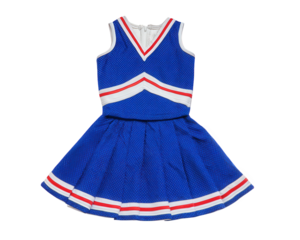 Cheerleader outfit in vibrant blue color featuring white and red stripes, designed for energetic performances. This stylish dress is perfect for sports events and cheerleading activities