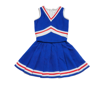 Cheerleader outfit in vibrant blue color featuring white and red stripes, designed for energetic performances. This stylish dress is perfect for sports events and cheerleading activities
