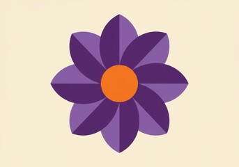 A graphic illustration of a stylized purple flower with orange center disc