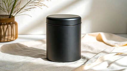Elegant Black Metal Tea Coffee Storage Container on Linen Fabric Background