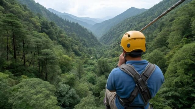 Adventurous person enjoying the beauty of nature while ziplining.