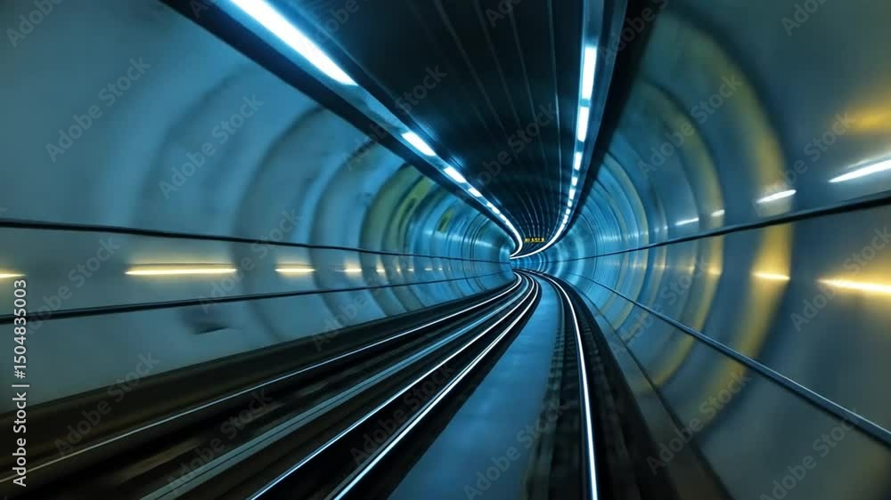 Aufkleber dynamic view of illuminated subway tunnel blue tracks in motion, showcasing urban architecture and u