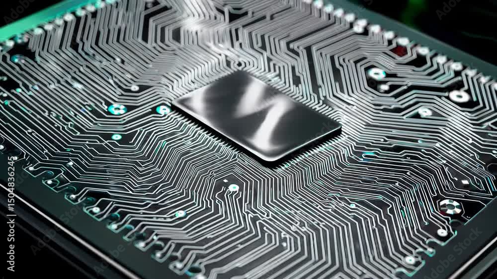 Poster dynamic circuit board with pulsating lights depicting modern technology and innovation