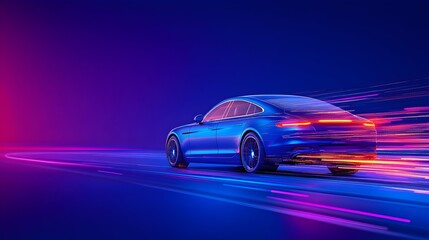 Blue car speeds through vibrant neon night