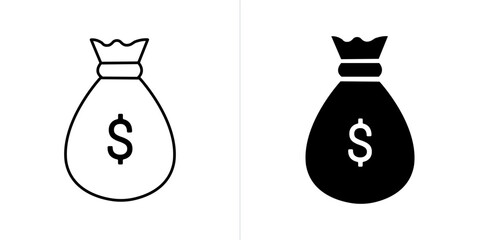 Money bag line and solid web icon set. Vector illustration