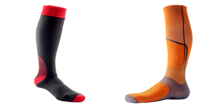 Premium athletic socks on transparent backdrop, featuring vibrant colors and modern patterns, showcasing compression and ventilation design. High-detail close-up for sports apparel advertising