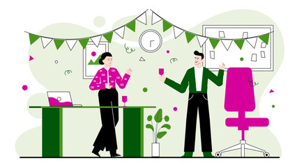 Man and woman celebrating success in an office setting. Suitable for business, teamwork, success, celebration, and corporate concepts.