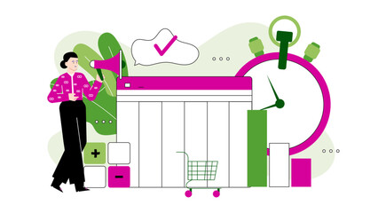 Woman holding a megaphone next to a computer screen with a shopping cart and a timer, ideal for marketing and ecommerce concepts.