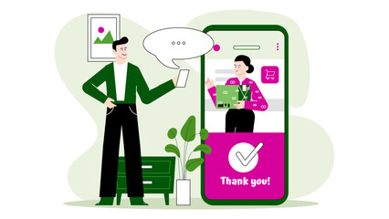 Man gazes at phone displaying a woman with a box concept of ecommerce, communication, technology, online shopping, consumer behavior.