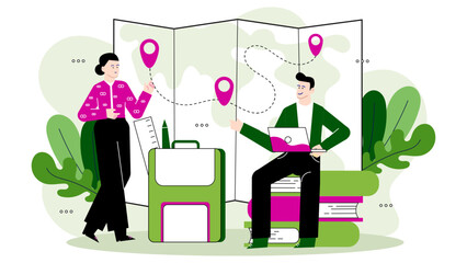 Two people looking at a map with location pins, suitable for travel, navigation, sightseeing, adventure, journey, exploration concepts.