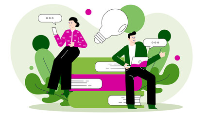 Innovative couple in a home office setting. Ideal for education, brainstorming, creativity, partnership concepts in presentations, websites, or blogs.