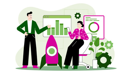 Two people standing near a rocket and graphs. Tech startup founders launching SaaS product, ideal for science, space exploration, technology, teamwork, progress, innovation concepts.