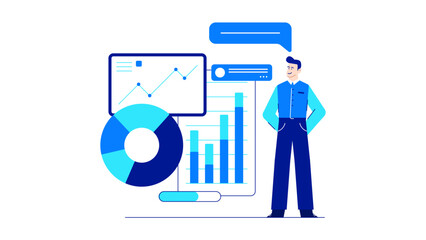 Suitable for financial presentations, business reports, and data analysis concepts. Shows man analyzing charts and graphs in an office setting.