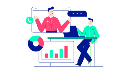 Video conference call featuring two men discussing a chart, ideal for business meetings, remote team collaborations, virtual presentations.