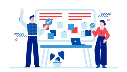 Two people brainstorming ideas on a whiteboard with sticky notes. Perfect for teamwork, brainstorming, collaboration, project planning concepts.