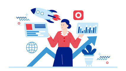 Title Woman presenting business data and a rocket. Tech startup founders launching SaaS product. Suitable for presentations, website headers, and marketing materials