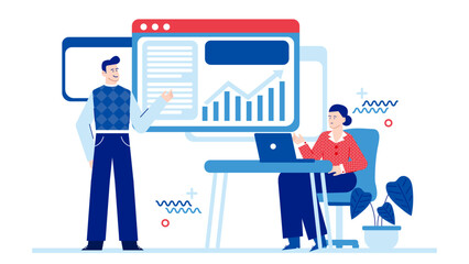 Two people reviewing financial bar chart online. Office team reviewing KPI on interactive dashboard