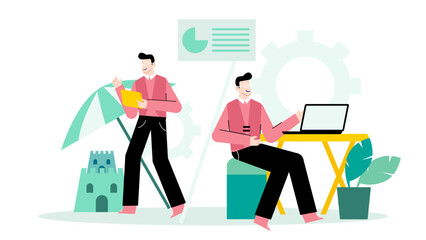 Two men collaboratively working on project with technology devices, suitable for teamwork, entrepreneurship, modern workplace, business partnership concepts.