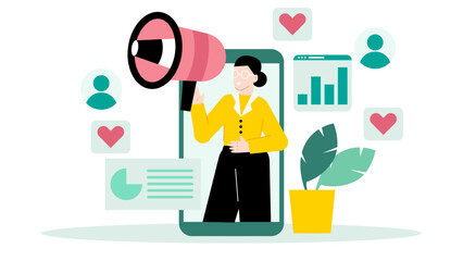 Woman holding a megaphone on phone, suitable for marketing, communication or activism concepts. Influencer marketing for business growth