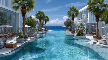 Fototapeta premium Modern tropical hotel swimming pool view high resolution picture
