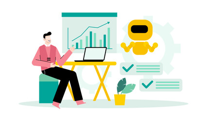 Man working on a laptop with a robot and a graph, ideal for technology, innovation, artificial intelligence, robotics, and data analysis concepts.