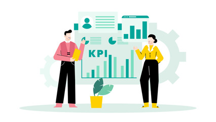Two people discussing key performance indicators together in a modern office setting. Suitable for business presentations or marketing materials.