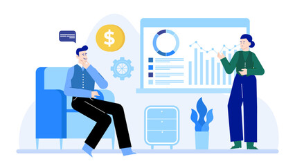 Two people analyzing business data, discussing graphs. Suitable for finance, teamwork, corporate presentations, and market analysis concepts.