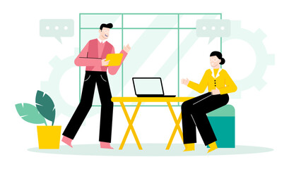 Two people having a conversation by a office window, suitable for business articles, communication concepts, teamwork themes, and workplace scenes.