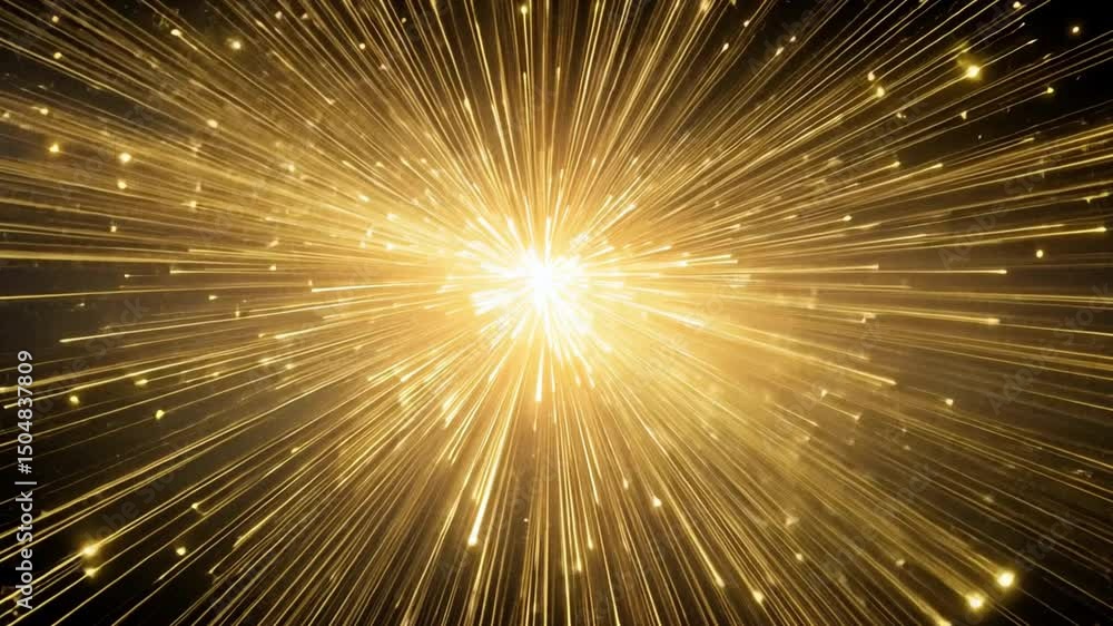 Poster dynamic golden explosion of light abstract rays and shimmering particles create festive energy displ