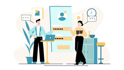 Two people discuss a password on a laptop. Perfect for cybersecurity articles, technology blogs, online security tips, and data protection.