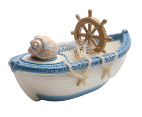 Decorative Ceramic Boat with Seashell, Ship Wheel, and Fishing Net Figurine Nautical Ocean Theme Home Decor
