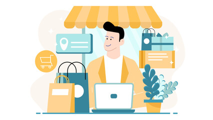 Man multitasking with laptop and shopping bags, shopping online while on the go. Perfect for technology and retail concepts.