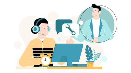 Person with headphones communicating with customer regarding technical issues. Suitable for customer service, tech support, call center concepts.