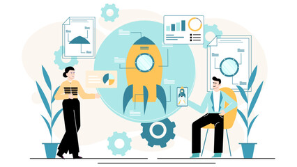 Two people discussing startup business plan suitable for business presentations, entrepreneurship articles, marketing materials, teamwork concept visuals.