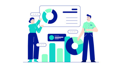 Woman and man present data in a chart. Perfect for business presentations, reports, infographics, teamwork concepts, and corporate marketing.