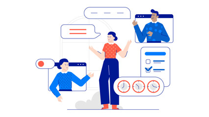 Three people on video call with a checklist and three clocks, suitable for remote teamwork, time management, virtual meetings concepts.