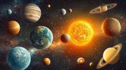 Vibrant view of our solar system, planets and sun.
