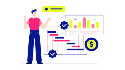 Man celebrating project success with checkmarks and dollar sign suitable for business presentations, financial reports, success stories, goal achievement concepts.