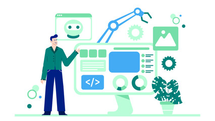 Man presenting webpage with code, graphs. Artificial intelligence integration in business system. Suitable for technology blogs, software development articles, presentations, and data analysis topics.