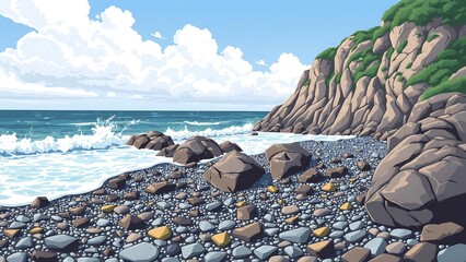 Rugged Rocky Coastline with Waves Crashing