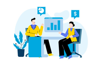Two people talking about financial graph and dollar sign, suitable for presentations, business articles, financial blogs, and marketing materials.