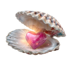 A radiant pink heart gemstone rests within a glistening seashell, a symbol of love and treasure found within nature's embrace.