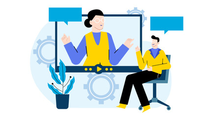 Video conference between man and woman suitable for online communication, remote work, virtual meetings, video calls, webinars, and technology concepts.